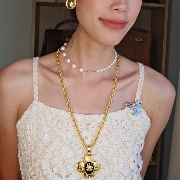 CHANEL Rare Gripoix Coco Mark 96A Gold Chain Necklace Black - Picture 5 of 17